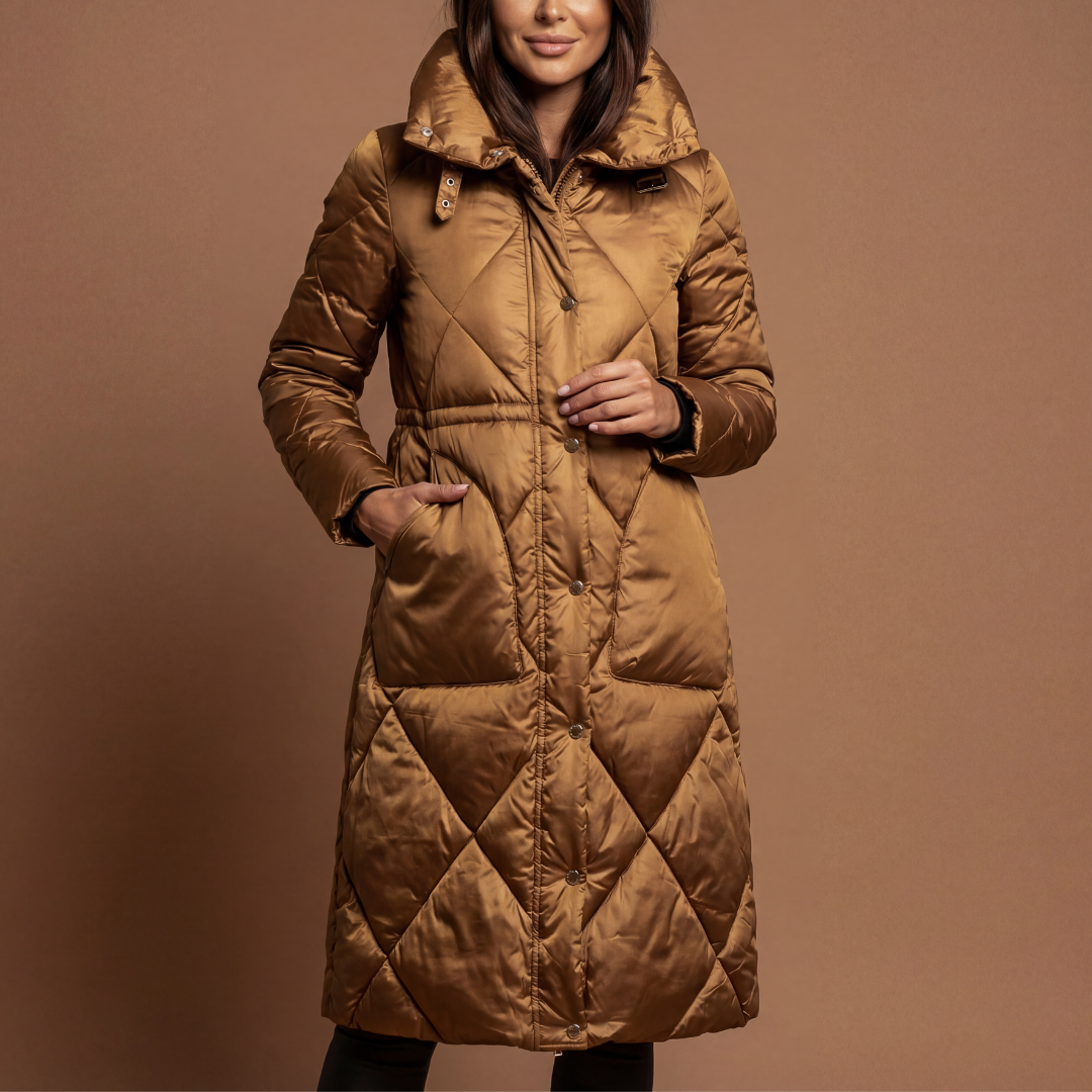 Abrigo Acolchado Largo con Cintura Ajustada