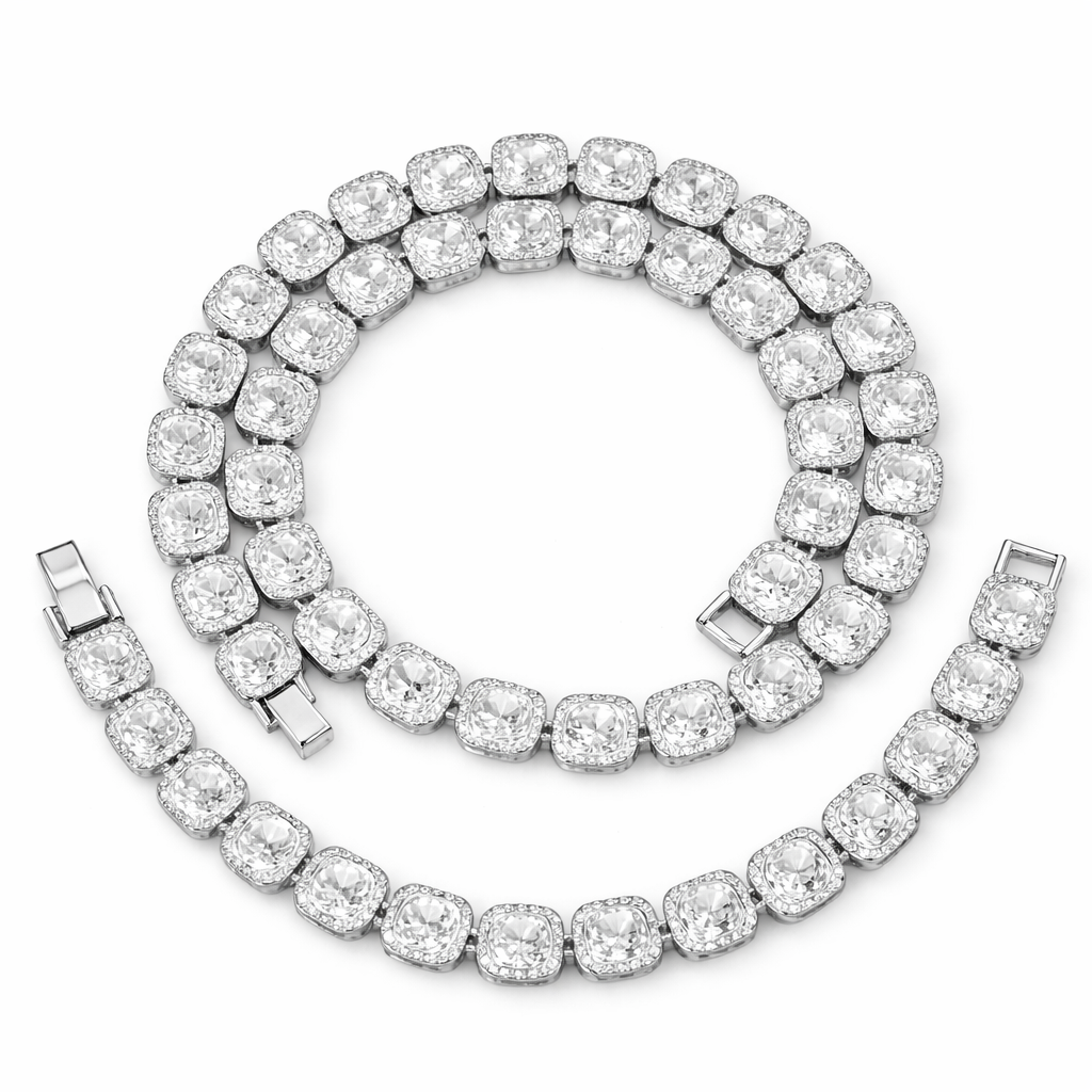 Cadena y Pulsera de Eslabones con Cristales Brillantes