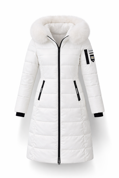 Abrigo largo con capucha y cuello de piel cálida