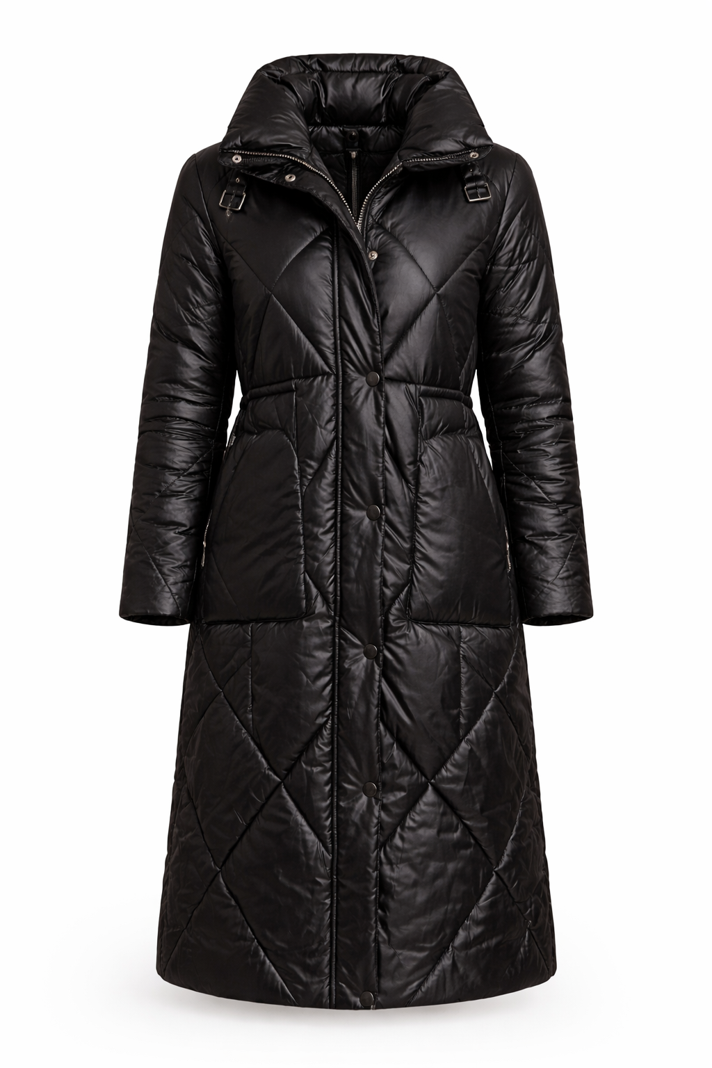 Abrigo Acolchado Largo con Cintura Ajustada