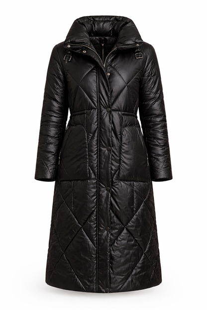 Abrigo Acolchado Largo con Cintura Ajustada