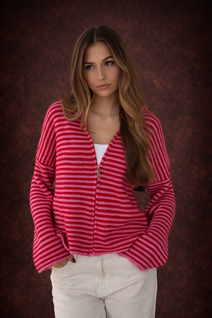 CÁRDIGAN DE PUNTO CON CREMALLERA A RAYAS
